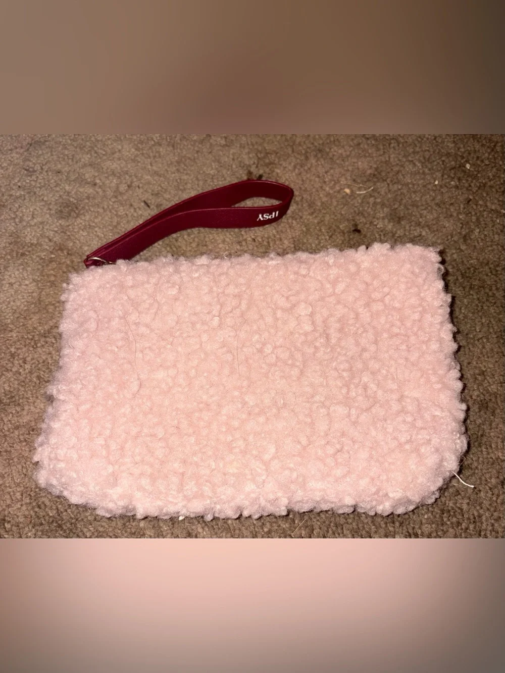 Soft Pink Sherpa Makeup Pouch with Maroon Wrist Strap